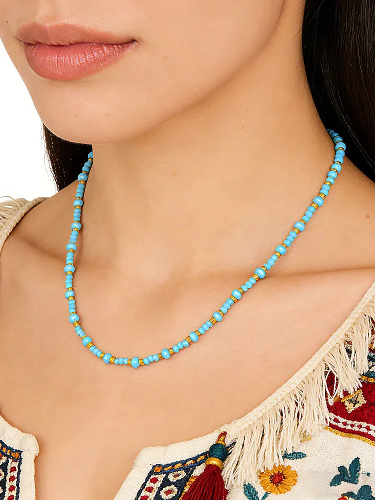 

Blue Beaded Necklace Stainless Steel Seed Beads Chain Choker Bohemian Fashion Jewelry for Women