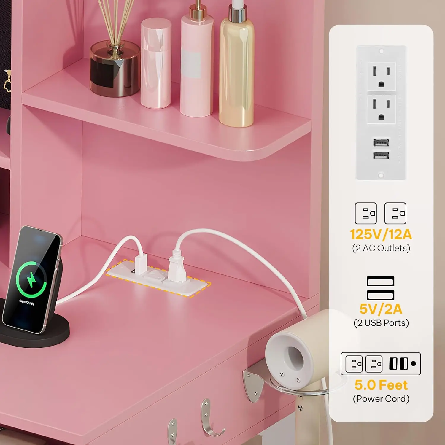 مكتب فانيتي مع مرآة وأضواء LED ومخرج طاقة، 3 أوضاع إضاءة قابلة للتعديل، مجموعة طاولة تزيين مع كرسي، طاولة مكياج