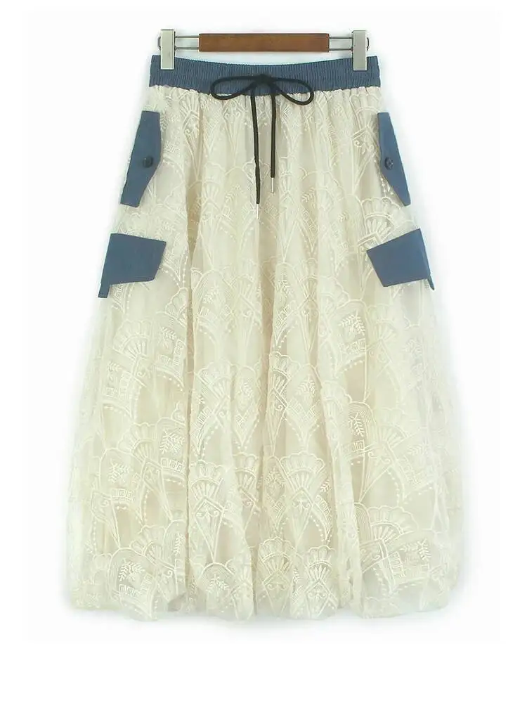 

High Elastic Waist Blue Lace Spliced Denim A-line Bud Half-body Skirt Women Fashion Tide New Spring Autumn