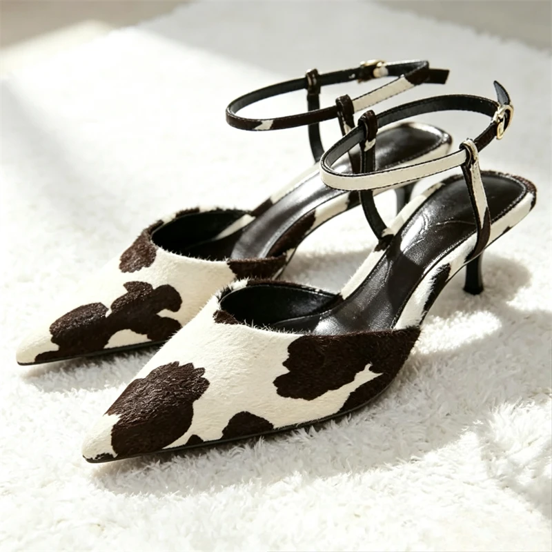 Novelty Cow Pattern High Heels Women Fashion Pointed Toe Ankle Strap Buckle Kitten Heel Designer Shoe Elegant Banquet Dress Shoe