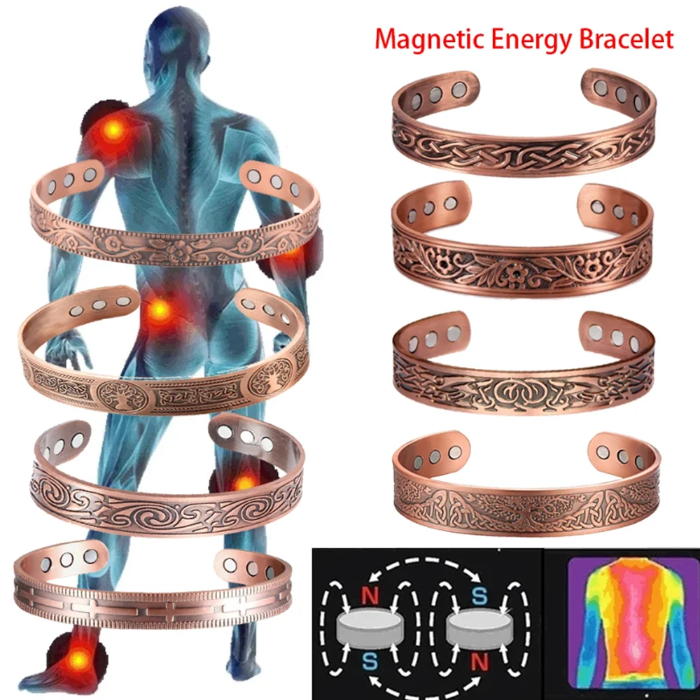 Pulsera magnética de bronce de estilo retro europeo y americano para hombre y mujer, pulsera magnética ajustable con apertura.