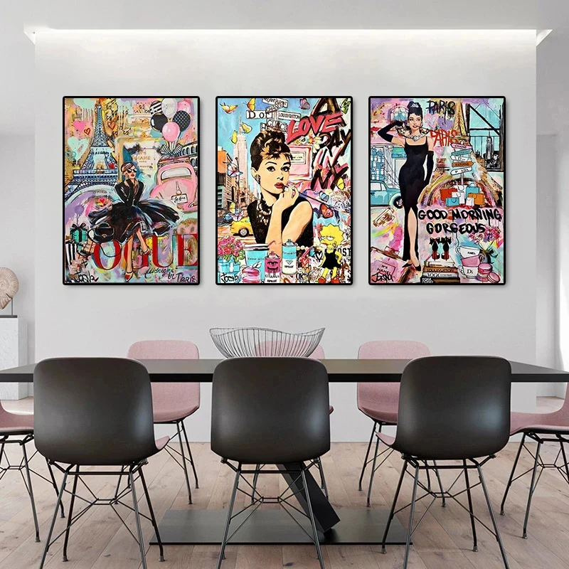 Movie Star Audrey Hepburn Under The Eiffel Tower in Paris Portrait Graffiti Canvas Posters Street Pop Art Mural Home Room Decor