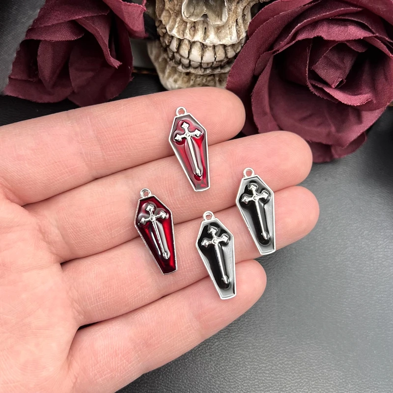 10pcs 26*11mm Enamel Halloween Charms Vampire Cross Coffin Pendants for Necklace Keychain Diy Jewelry Making Accessories