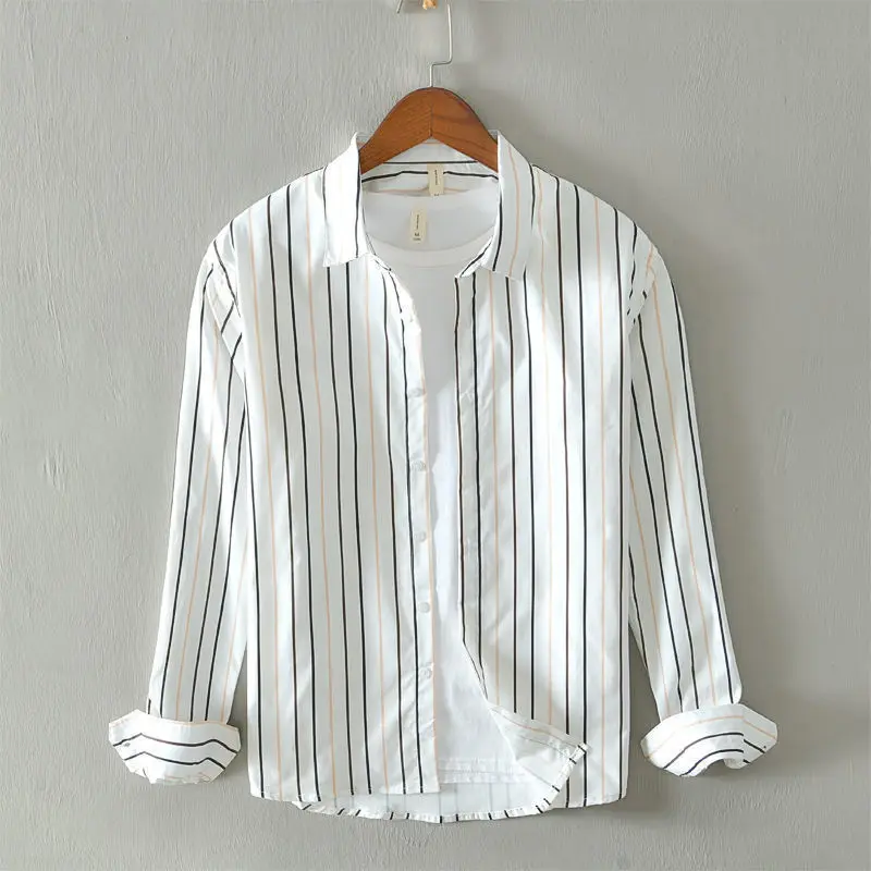 2023 Spring and Autumn Men's Lapel Loose Stripe Simple and Handsome Button Casual Fashion Elegant Commuting Long sleeved Shirt