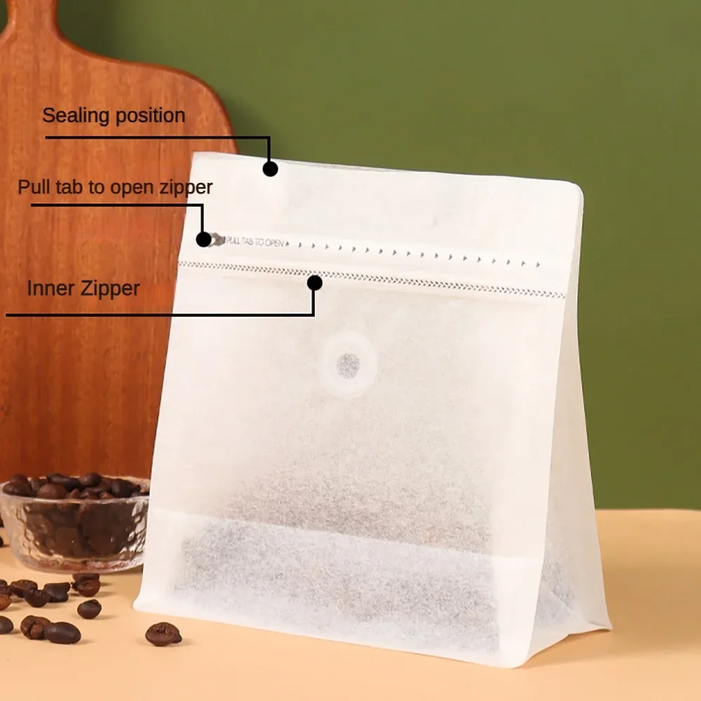 50pcs Resealable White Cotton Paper Biodegradable Coffee Bean Bag With Valve 150g 250g 500g 1kg Powder Food Nuts Packaging  bag