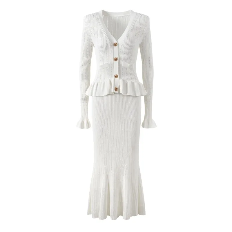 

Ruffled stitching knitted mid-length dress white summer new design sense fashionable dress