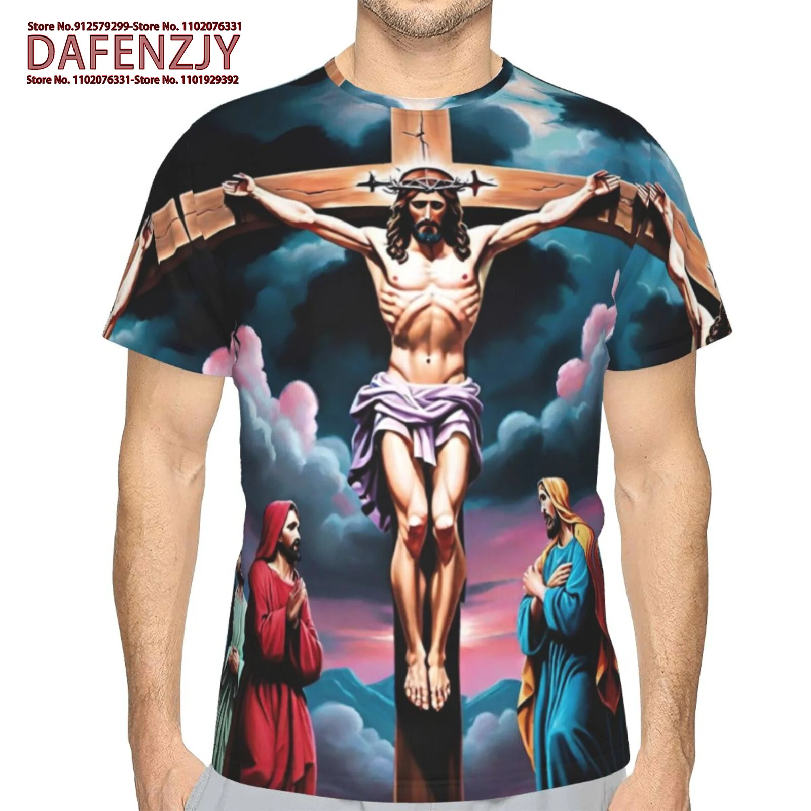 Jesus Christ Cross Print T Shirt, Tees For Men, Casual Short Sleeve T-shirt For Summer Loose Clothing Male Harajuku Retro Short-