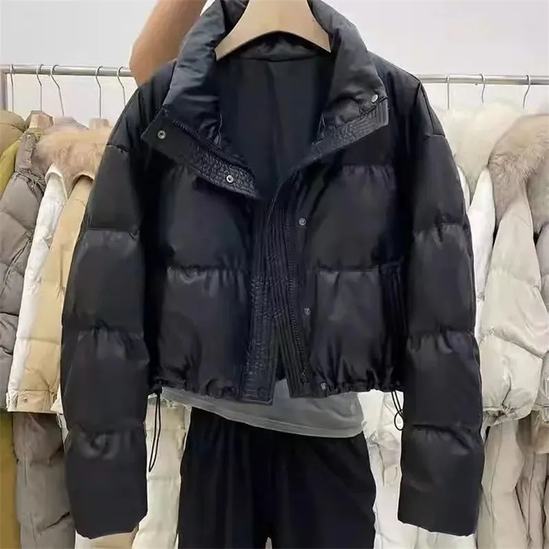 

2026 New Winter Short PU Leather Down Cotton Jacket Women Parkas Korean Stand Collar Zipper Thick Warm Bread Coat Female B1418