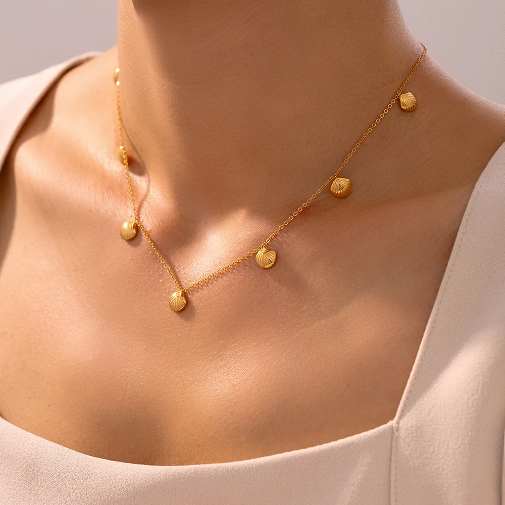 Simple Shell Tassel Necklace for Women Stainless Steel Clavicle Gold Plated Chain Waterproof Charm Basic Jewelry Gift