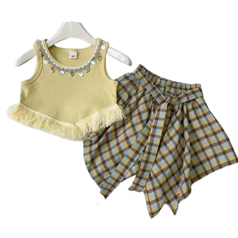 子供服セット タッセルベストトップス + イレギュラーチェック柄スカート 2点セット 幼児 女の子服 ベビー服セット 90-140CM