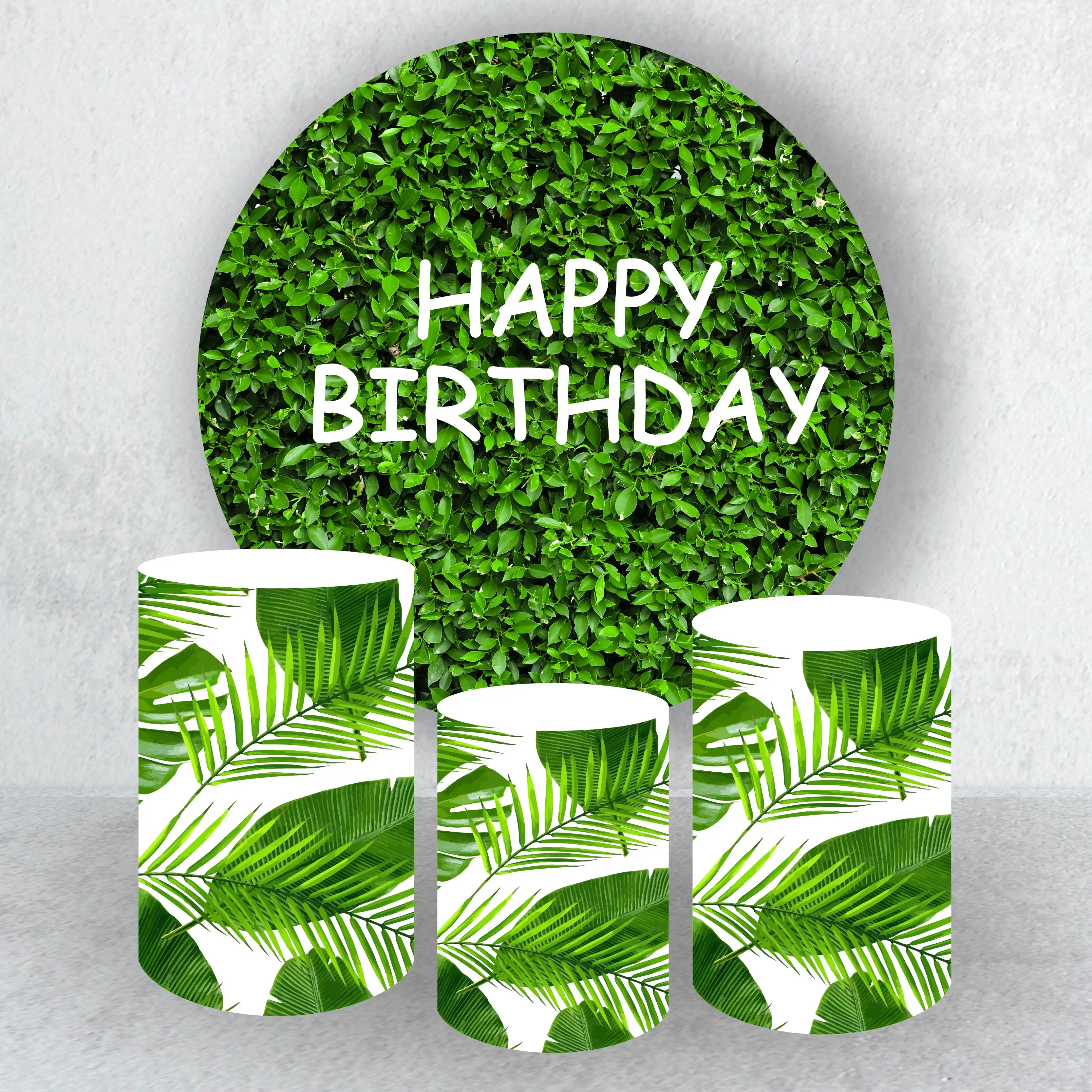 Green Leaf Design Round Cylinder Plinth Background Cover for Birthday Party Supplies Decoration Baby Shower Photograph Backdrop