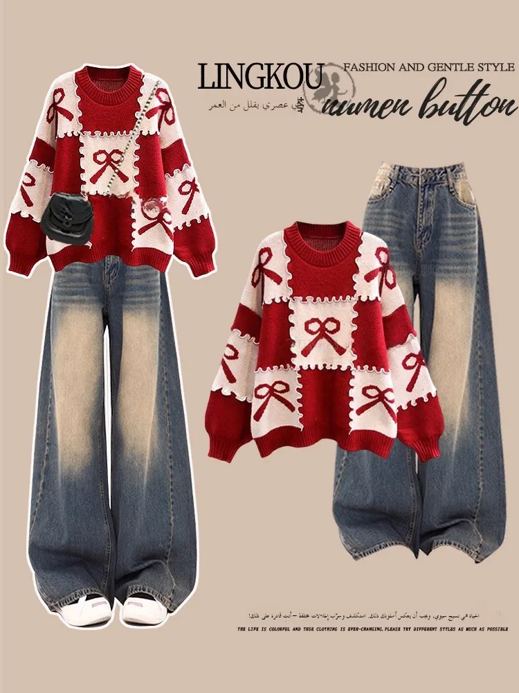 

plus Size Autumn Winter Denim Set for Women Red Christmas Knot Knitted Sweater High Waist Slim Wide Leg Pants Two P...