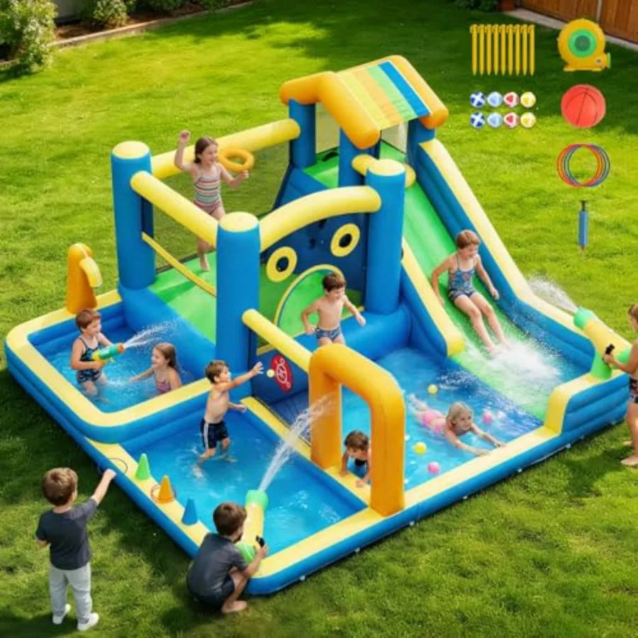 Backyard outdoor inflatable water slide for kids: 10-in-1 bounce house with climbing wall, basketball hoop, water gun, jumping