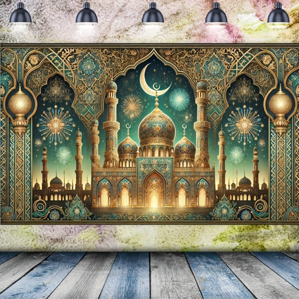 Islamic Mosque Tapestry Wall Hanging Ramadan Crescent Moon Starry Night Art Fabric Poster for Living Room Bedroom Home Decor
