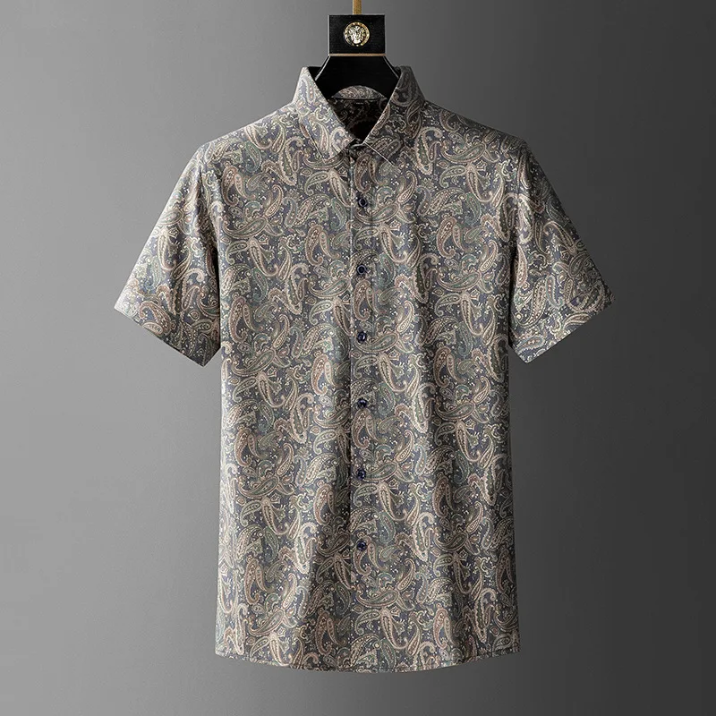 

Men's Paisley Print Shirt Slim Fit Wrinkle-Free Stretch Fabric Mandarin Collar Short Sleeve Premium Office Travel Top