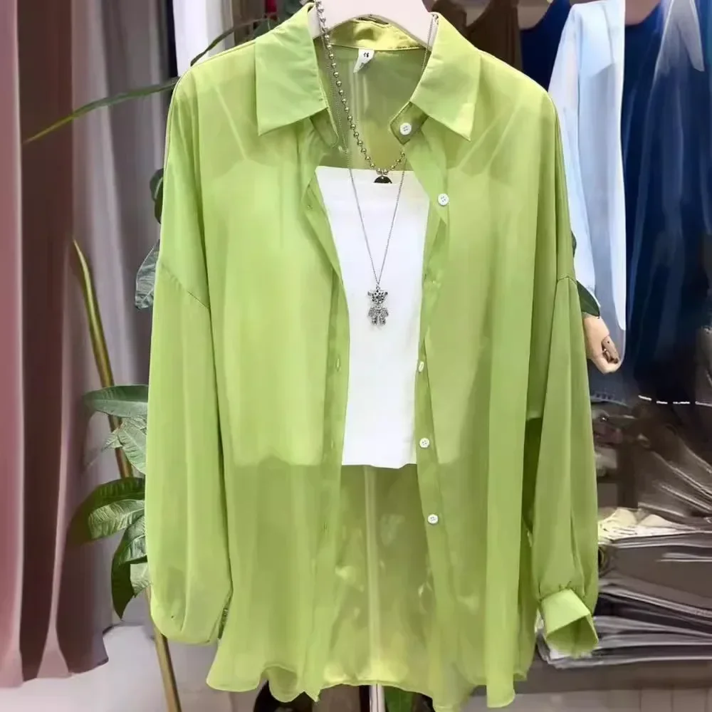 

Breathable and Sun-Proof Ice Silk Women’s Shirt with Button, Thin, Loose, Sheer Chiffon Blouse, Long Sleeve,