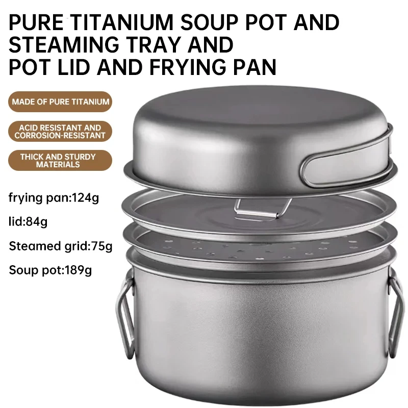 وعاء من التيتانيوم النقي، وعاء خفيف الوزن قابل للطي للمشي لمسافات طويلة، مجموعة أدوات المائدة، وعاء الحساء المحمول ومجموعة مقلاة للنزهات