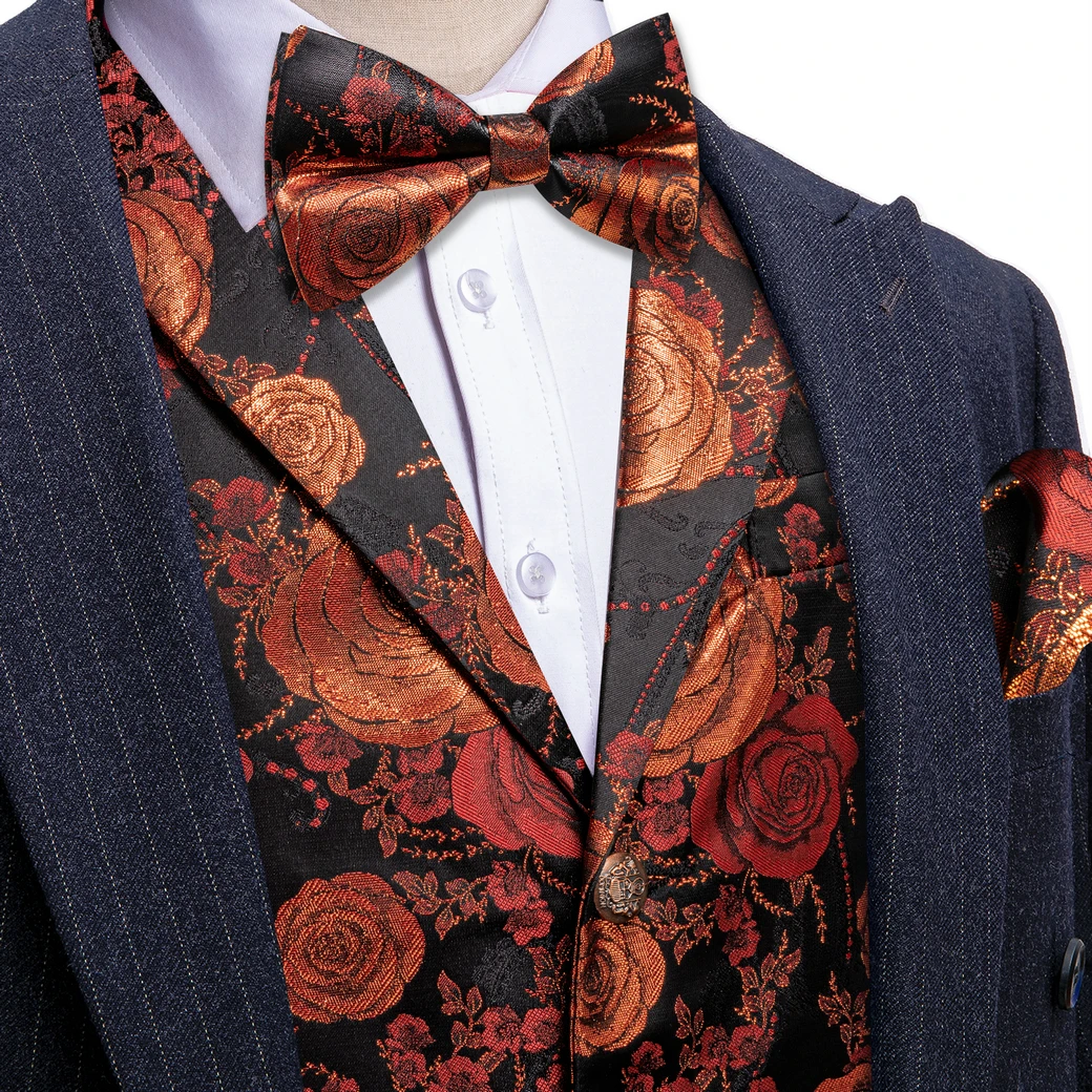 VERVEROW Luxuriöse Herren-Weste mit Jacquard-Blumenmuster, gekerbtem Reverskragen, Weste mit Fliege, Set für formelle Hochzeiten, Partys, Smoking – Detail 9
