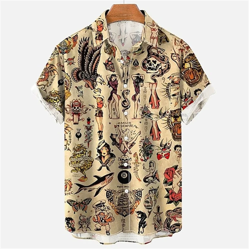 Mermaid Retro Printed Shirts Men\'s European And American Pattern Shirts Summer Casual Short Sleeved Shirt Hawaiian Button Shirts