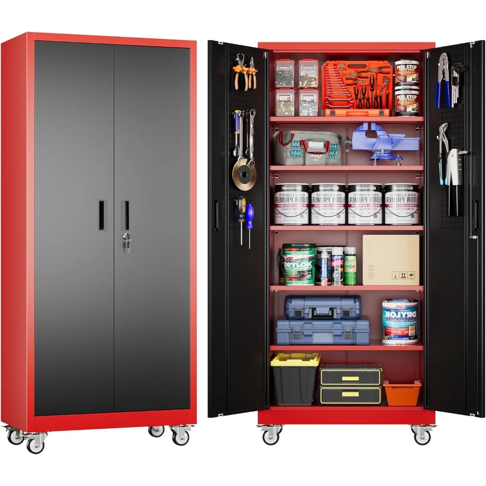 

71" H Metal Storage Cabinet with Wheels and Adjustable Shelves,Metal Garage Cabinet with Pegboards and Hooks for Garage Utility