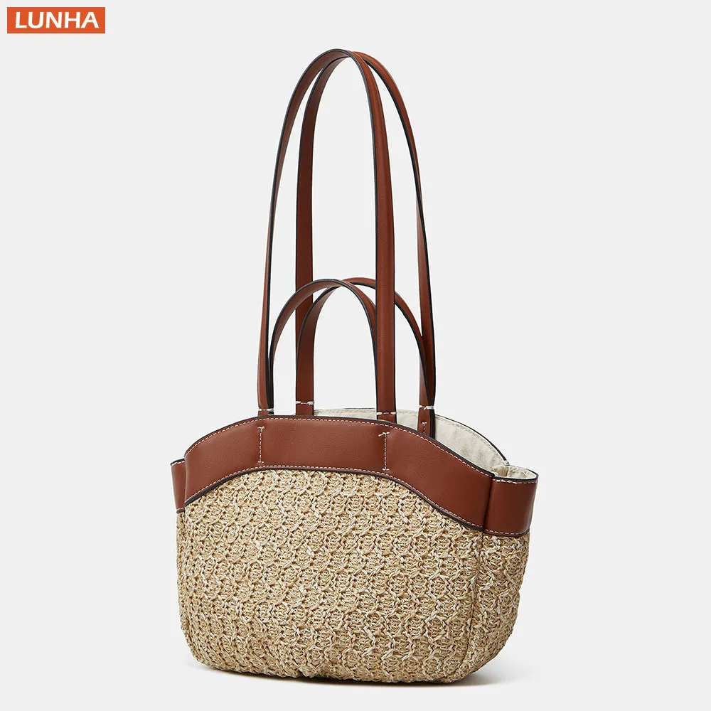 

Женская соломенная сумка через плечо, богемная сумка ручной работы из искусственной кожи большой вместимости, сумка двойного назначения для пляжного отдыха, ежедневного использования