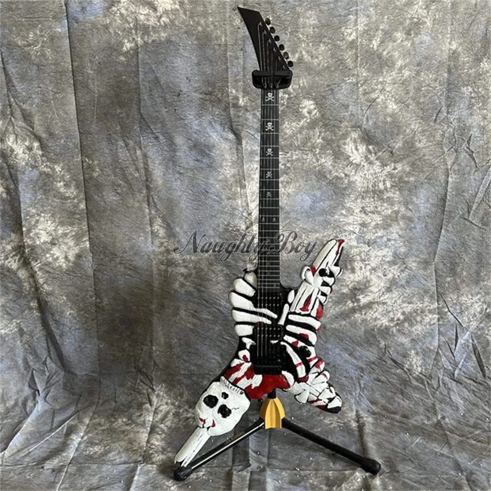 High Quality 6 Strings Death Metal White Skull Bone Electric Guitar 2H Pickups Blood Splatter Ash Body Black Floyd Rose US Ship