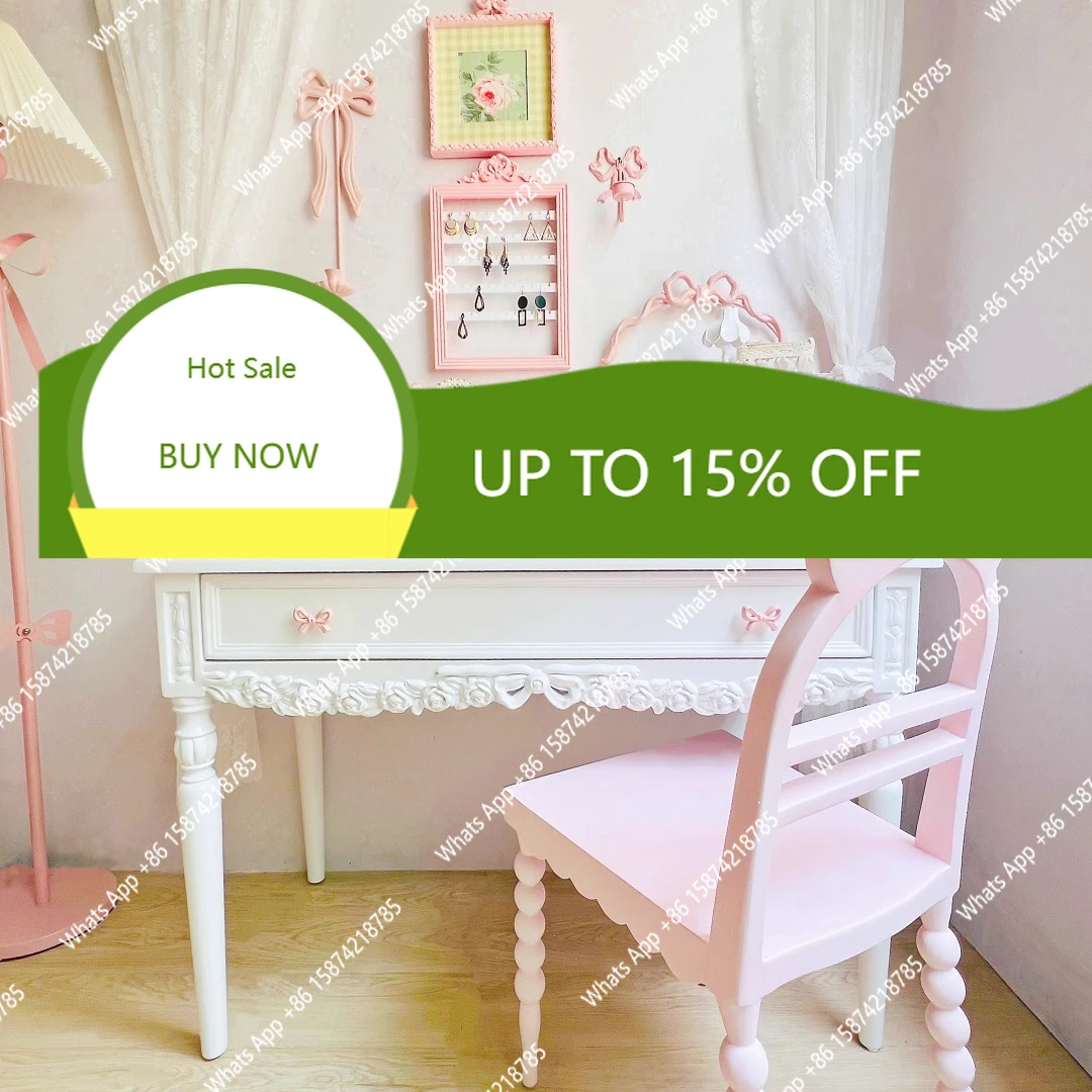 

XS French Carved Solid Wood Dressing Table Dopamine Color Dressing Table Princess Style
