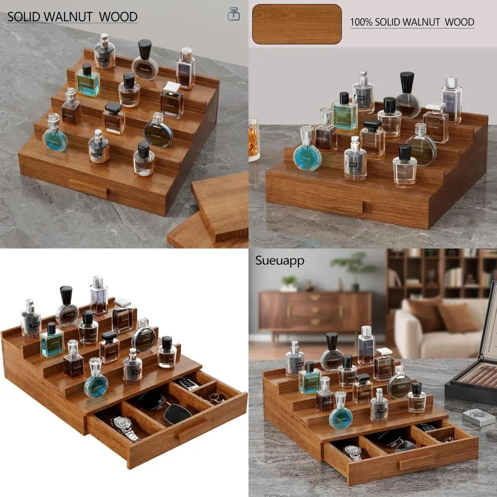 

Men's 4-Tier Walnut Cologne Organizer with Hidden Storage and Drawer - Perfect Gift for Perfume Displays