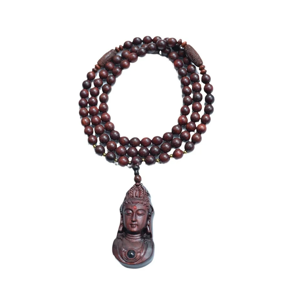 Rosewood Carved Guanyin Pendant Beaded Necklace for Men Women Sweater Chain Car Hanging Prayer Beads Lucky Charms Gifts