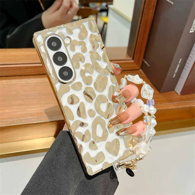 For Samsung Galaxy Z Fold 6 Luxury Classic Leopard Wave Shockproof Pearl Chain Phone Case Cover_voghion.com