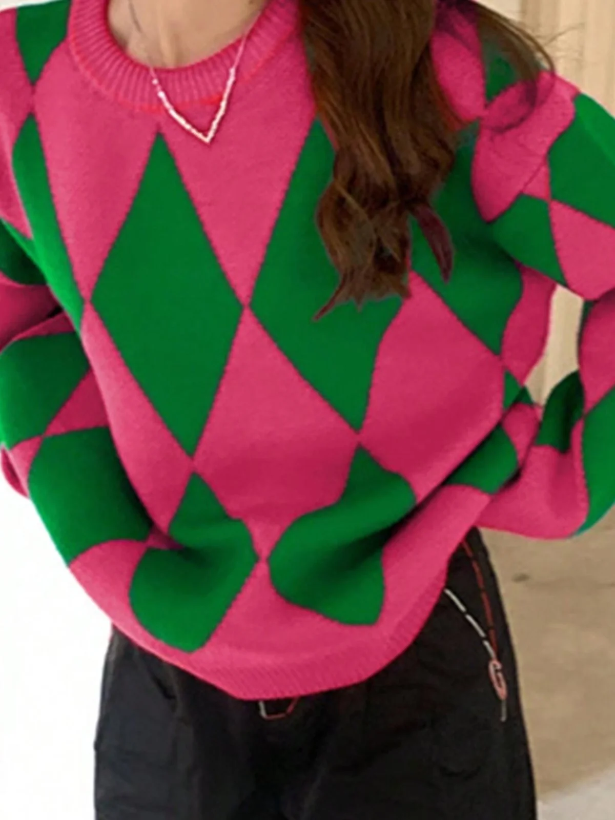 เสื้อสเวตเตอร์ทรงหลวมสไตล์วินเทจเกาหลีสำหรับผู้หญิง ลายเพชรหลากสี ดีไซน์สวมหัว สไตล์ลำลองแฟชั่น