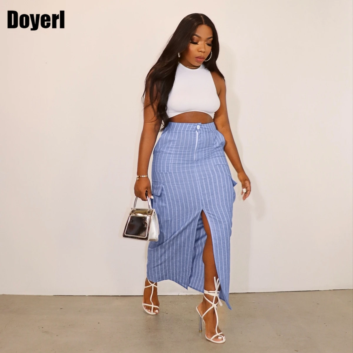 

Cargo Long Skirt Women Summer Striped Front Slit High Waist Pencil Skirt Elegant Casual Korean Streetwear Bodycon Maxi Skirt Y2K