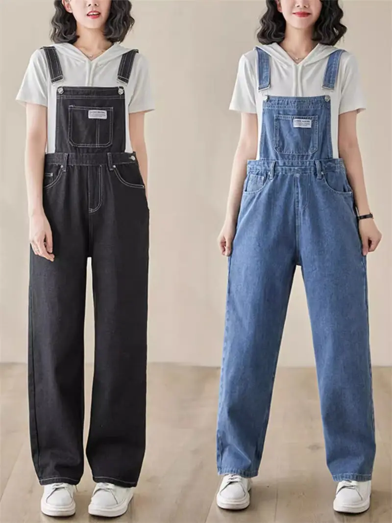 

Spring 2024 Retro Label Pocket Strap Pants Versatile Women Jumpsuit Casual Style Straight Harem Jeans Overall Trousers K348