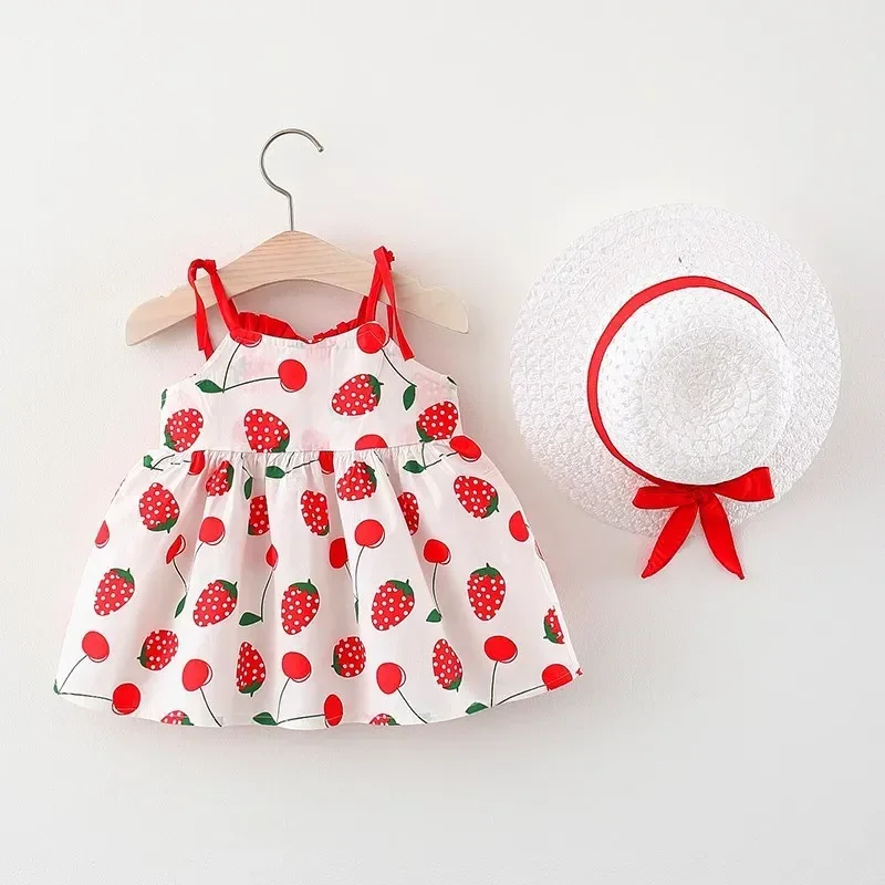 

2Piece Summer Toddler Girl Clothes Korean Cute Strawberry Cherry Print Sleeveless Cotton Baby Dresses+Sunhat Kids Dress BC158