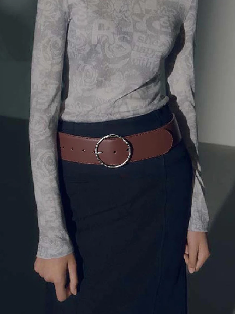 クラシックな香港スタイルのベルト-幅広-エレガントな装飾-コーヒーカラー-シンプルなウエストアクセサリー-女性と若者向け-トレンディな丸型バックル