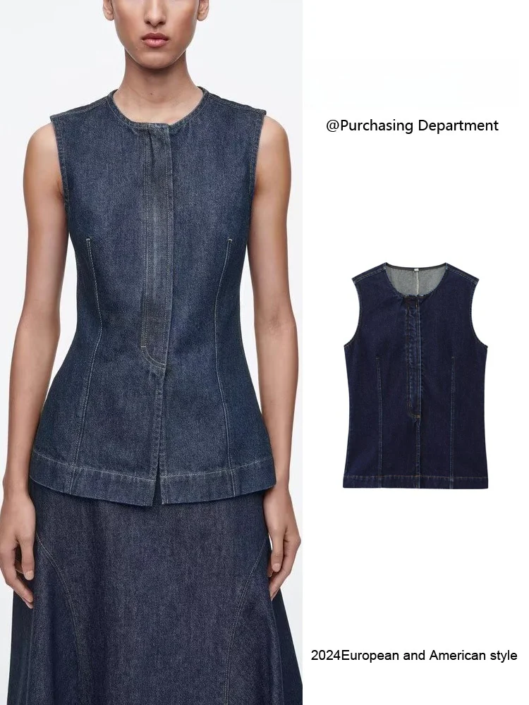 

Spring New Arrival Women's Slim Fit round Ne Denim Svel Top Vest Versatile Busin Casual Sle Color Single P...