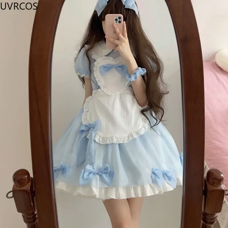 Japanese Kawaii Lolita Dress Women Gothic Bow with Apron Puff Short Sleeve Mini Dresses Sweet Peter Pan Collar Princess Vestidos