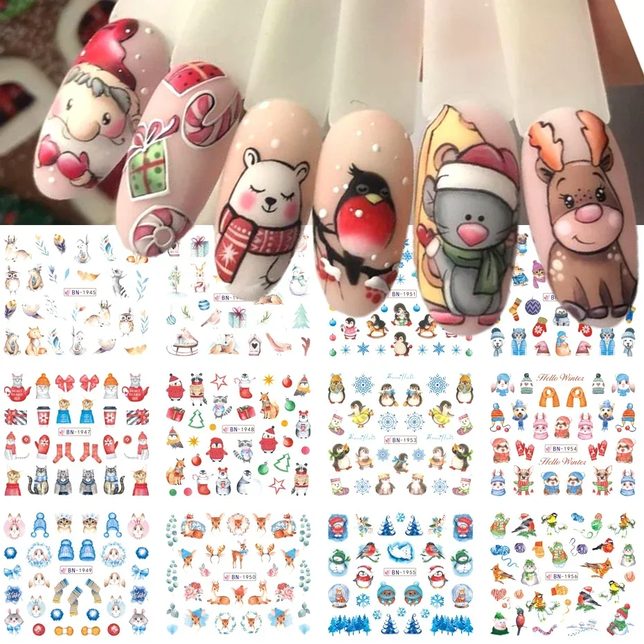 12pcs Cute Christmas Nail Stickers Cartoon Animal Design Penguin Bird Cat Dog Bear Nail Slider Water Decals Decoration Manicure