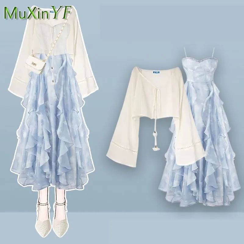 Women's 2024 Summer New Dress Matching Set Korean Elegant Loose Sunscreen Shirt+Sling Skirt Two Piece Female Chic Clothing Suit