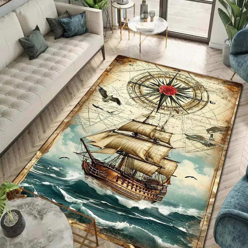 Retro Ocean Compass World Map Print Flannel Area carpet Non-Slip Floor Mat For Bedroom Sofa Living Room Nautical Home Decor Gift