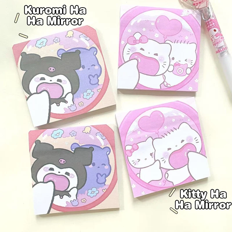 5Pcs Cartoon Distorting Mirror Sanrio Kuromi Anime Sticky Note Message Book Kawaii Mini Notepad Index Stickers Guestbook Gifts