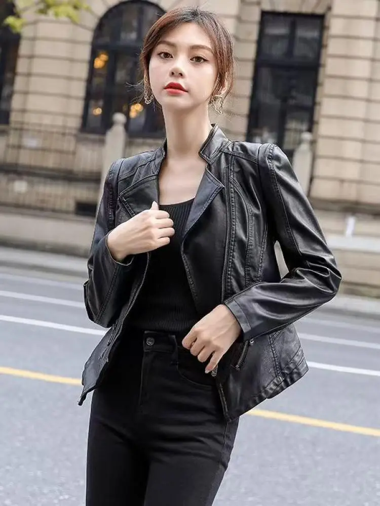 

Women Black Faux Leather Short Jakcet Fashion Long Sleeves Zipper Lapel Pu Coat Autumn Winter Streetwear Ladies Tops Simplicity