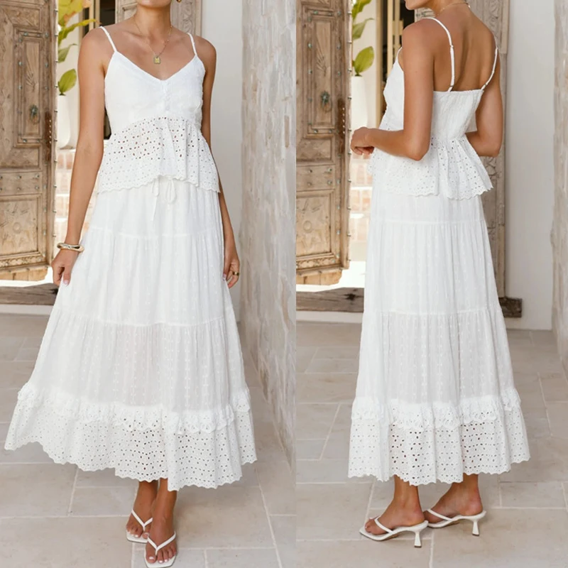 

Модная драпированная полуюбка, комплект из 2 предметов, элегантный топ на бретельках с v-образным вырезом и длинная юбка, женский сексуальный праздничный костюм без рукавов в богемном стиле