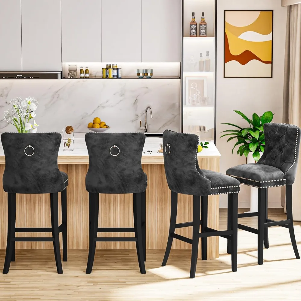 

27''H Counter Height Bar Stools Set of 4, Velvet Tufted High Bar Stools with Back and Footrest, Upholstered Bar Tall Chairs