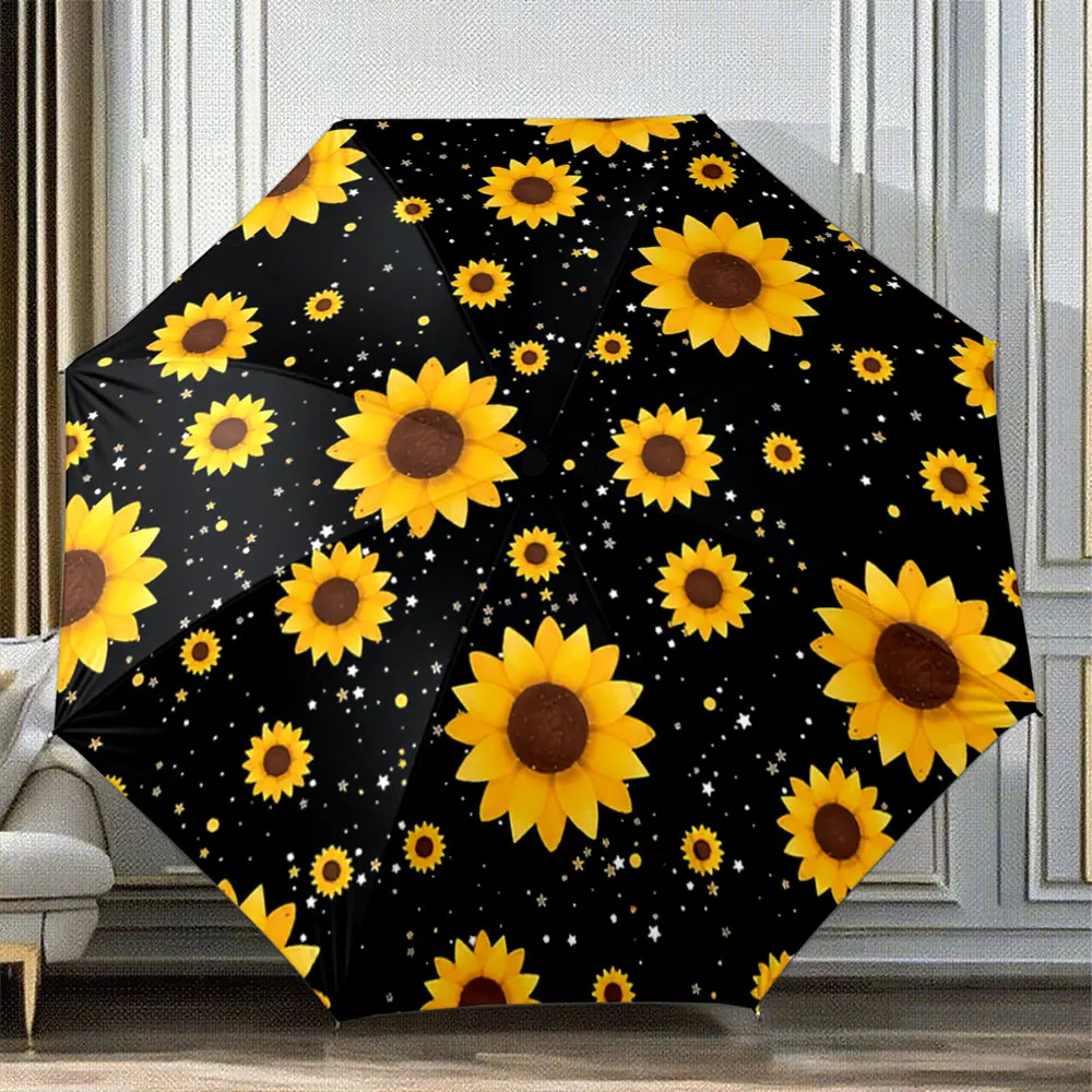 Yellow Sunflower Pattern on Black Background Umbrella Portable Folding Umbrella, Gift for Family And Friends