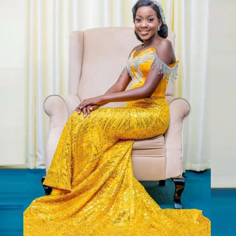 Aso Ebi robe de bal sirène pour femmes africaines personnaliser robes d'anniversaire avec des glands perles hors de l'épaule robe de soirée formelle