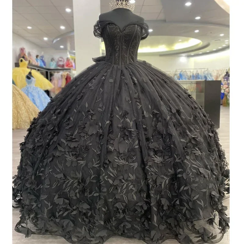 ANGELSBRIDEP 3D Lace Flowers Black Gothic Quinceanera Dresses With Bow Back Beading Sweet 16 Pageant Party Ball Gowns Customized