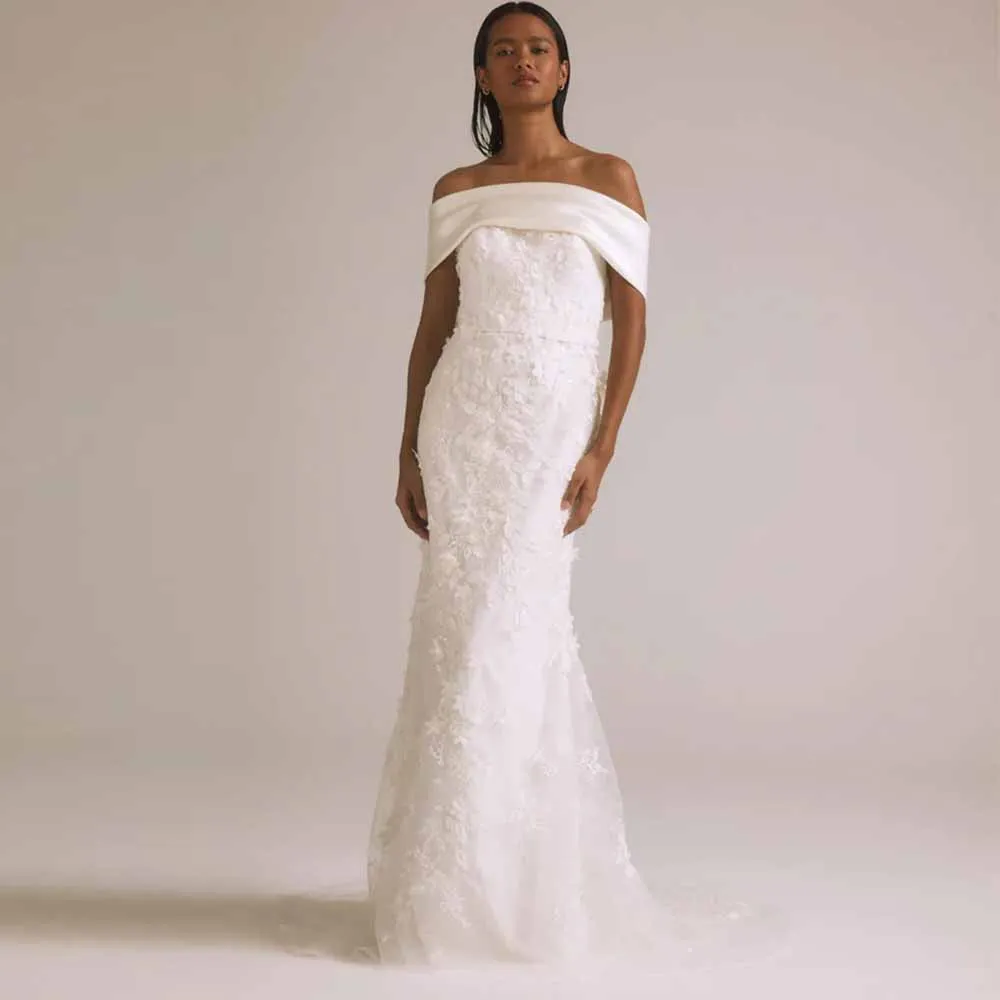 فساتين الزفاف التقليدية الساتان حورية البحر / فساتين الزفاف البوق للحفلات العاج خارج على الكتف القوس الذيل فساتين الزفاف #1