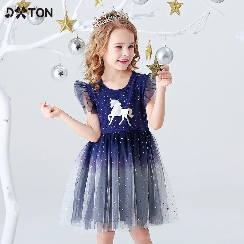 

DXTON Girls Clothes 2022 New Summer Princess Dresses Flying Sleeve Kids Dress Unicorn Party Girls Dresses Children Clothing 3-8Y