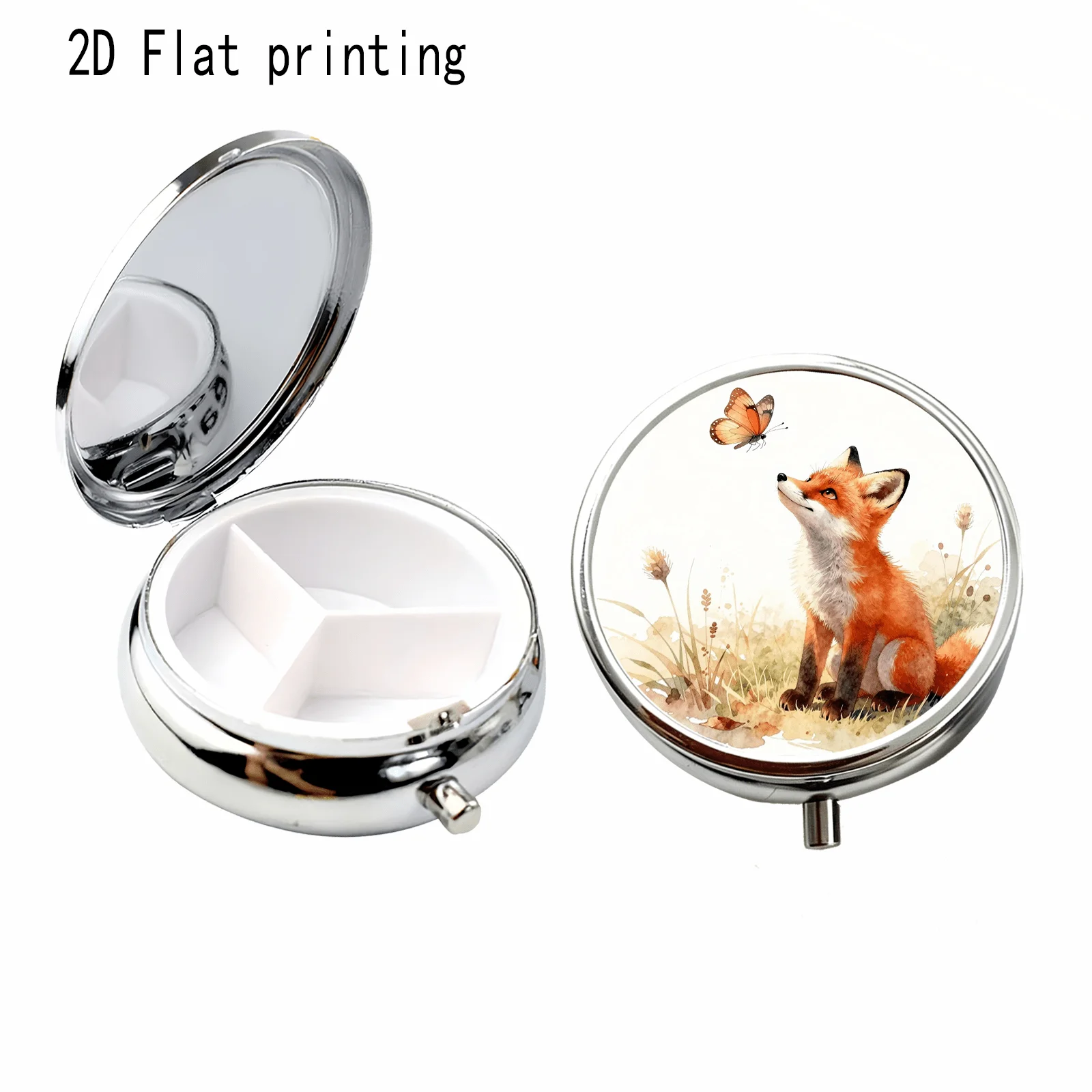 Watercolor Red Fox and Butterfly Pattern, Round Three-Compartment Small Pill Box, Portable Medicine Storage, Small Jewelry Storage, Suitable for Handbags or Travel, Holiday Gifts, Souvenirs, Prizes, Small Gifts, Suitable for Personal Use or as an Exquisite Gift Option